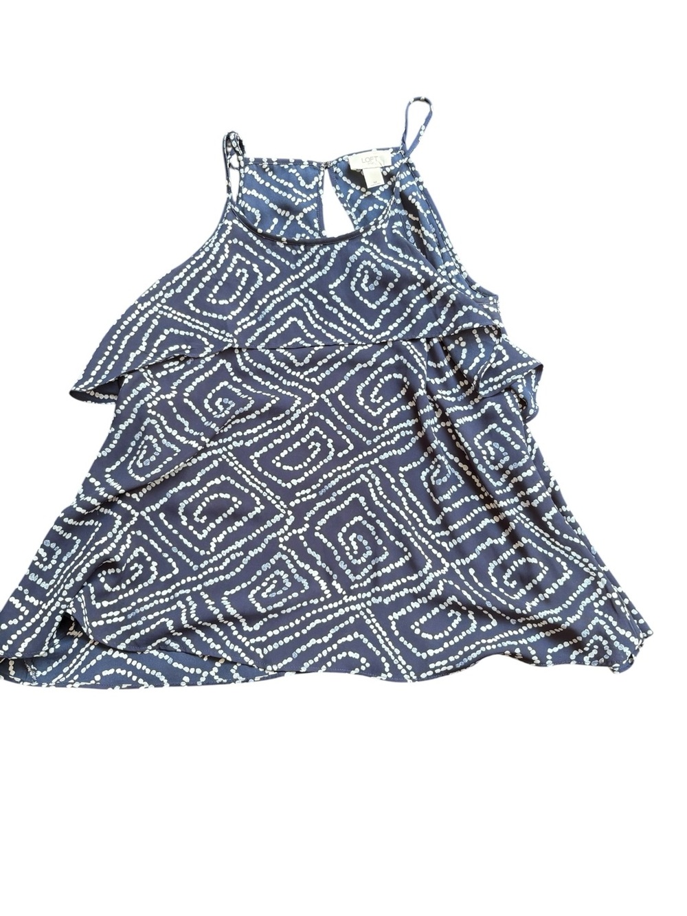 LOFT Navy and White Dotted Spiral Ruffle Halter Top